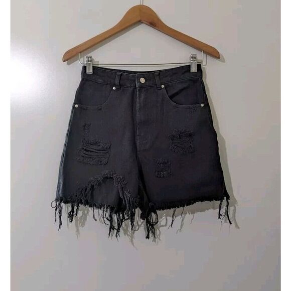Hyfve Black Destroyed Distressed High Waisted Jean Shorts Size Small - Picture 1 of 4